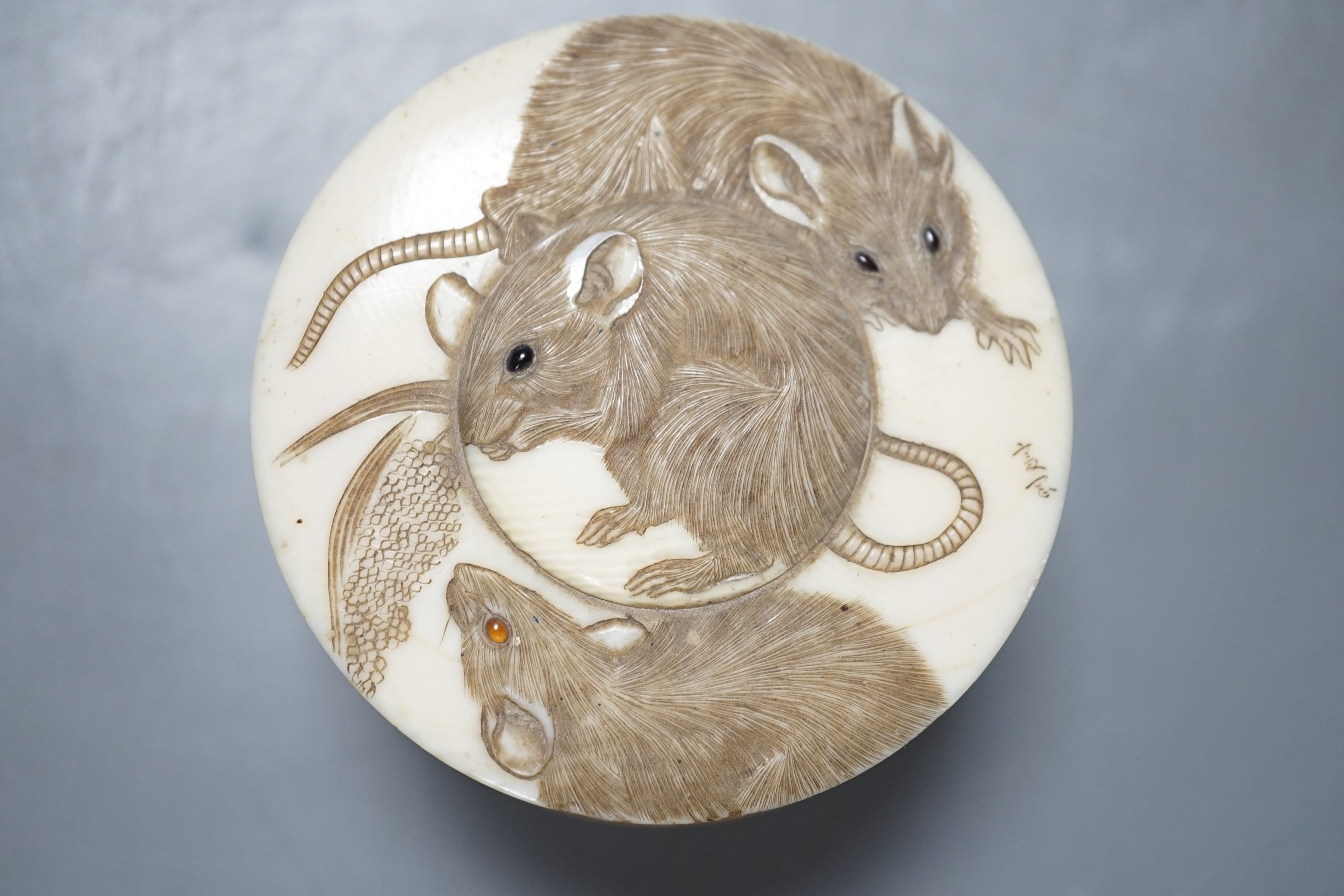 A Japanese Meiji period carved Ivory box and cover, decorated with three rats, signed, 6.5cm
